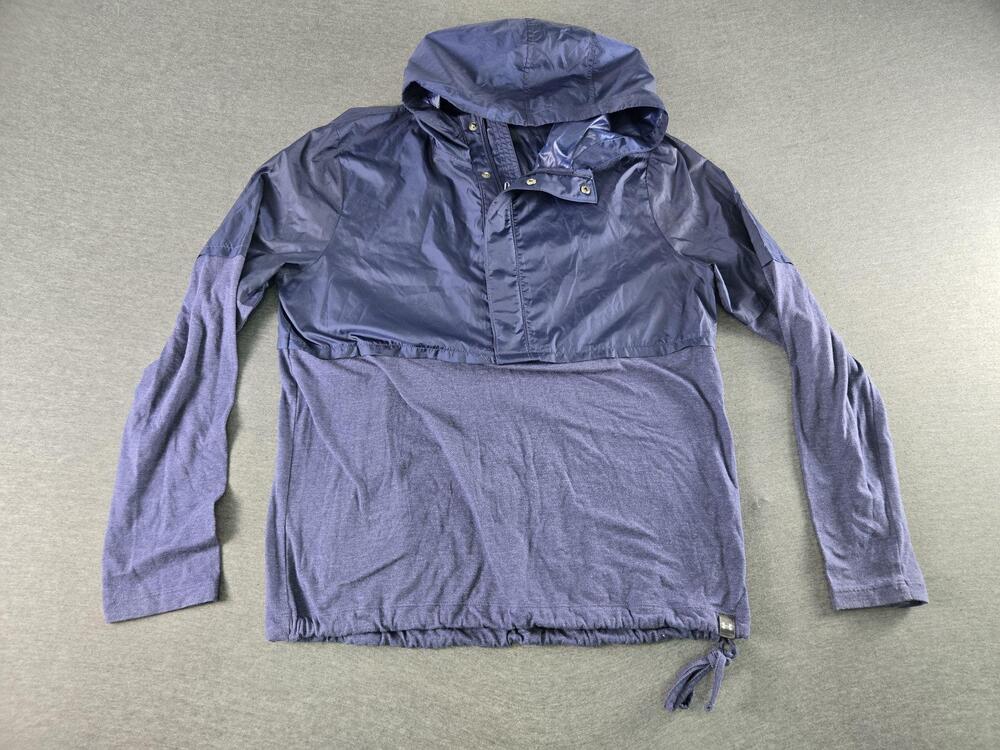 Under Armour Windbreaker Shirt Womens Medium Blue Hooded Pullover Tie Hem